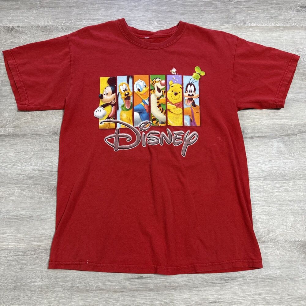 Disney Shirt Men’s Medium Red Mickey Mouse Donald Duck Pooh Tigger Goofy Pluto